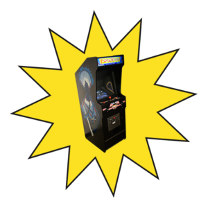 an Arcade cabinet on a large yellow sticker.