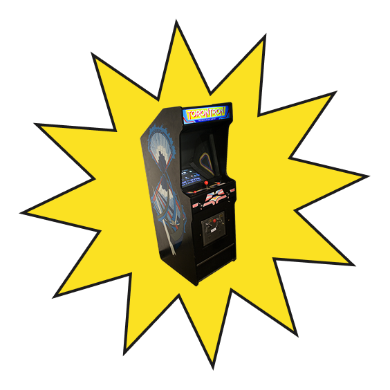 an Arcade cabinet on a large yellow sticker.
